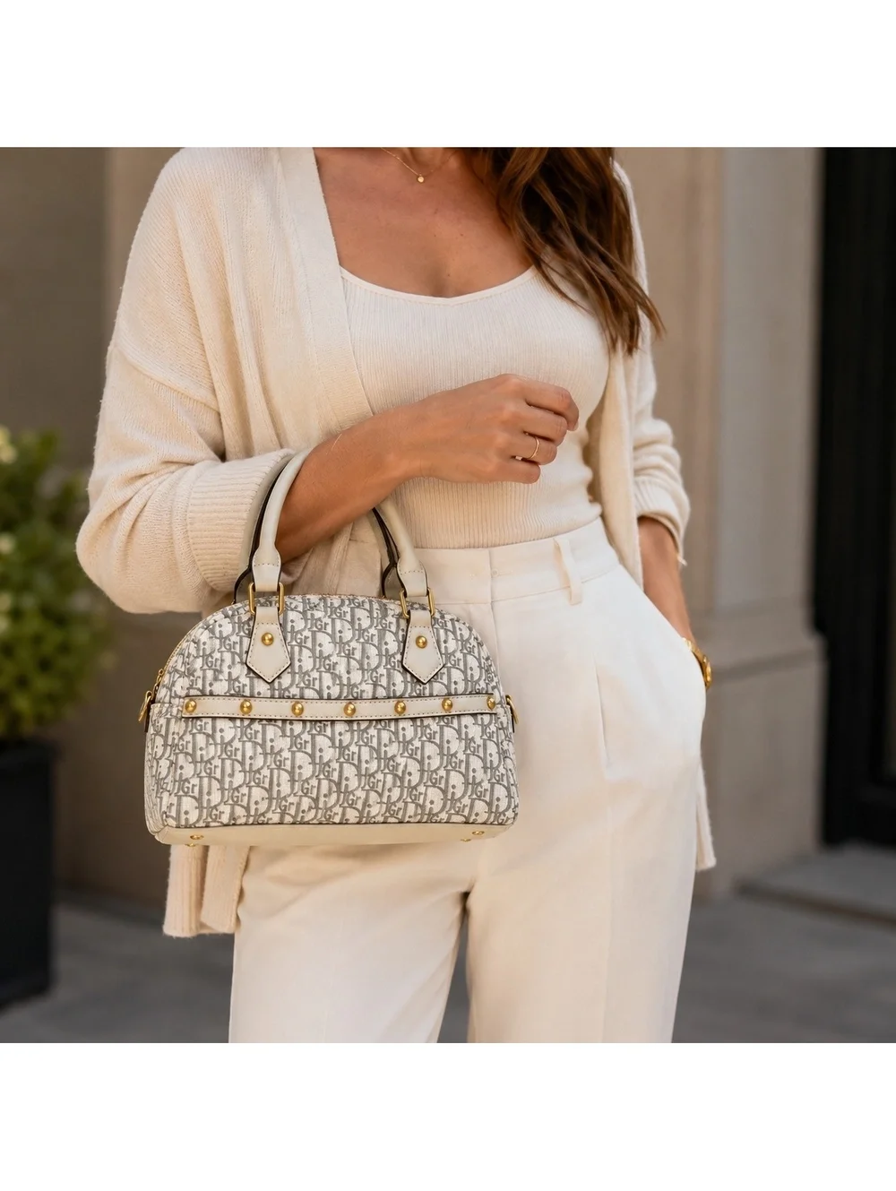 Monogram Boston Satchel Bag with Adjustable Crossbody Strap Gold Studded